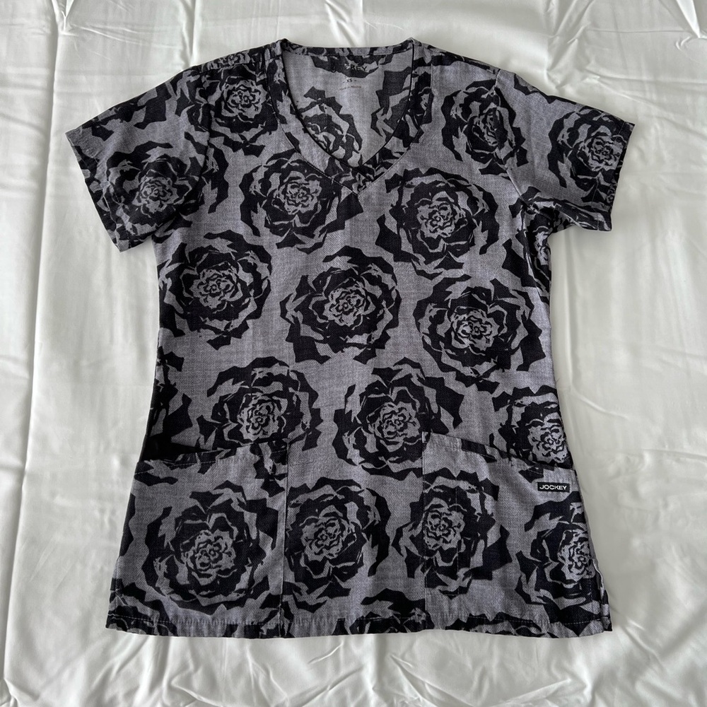 Grey And Black Rose Print Scrub Top